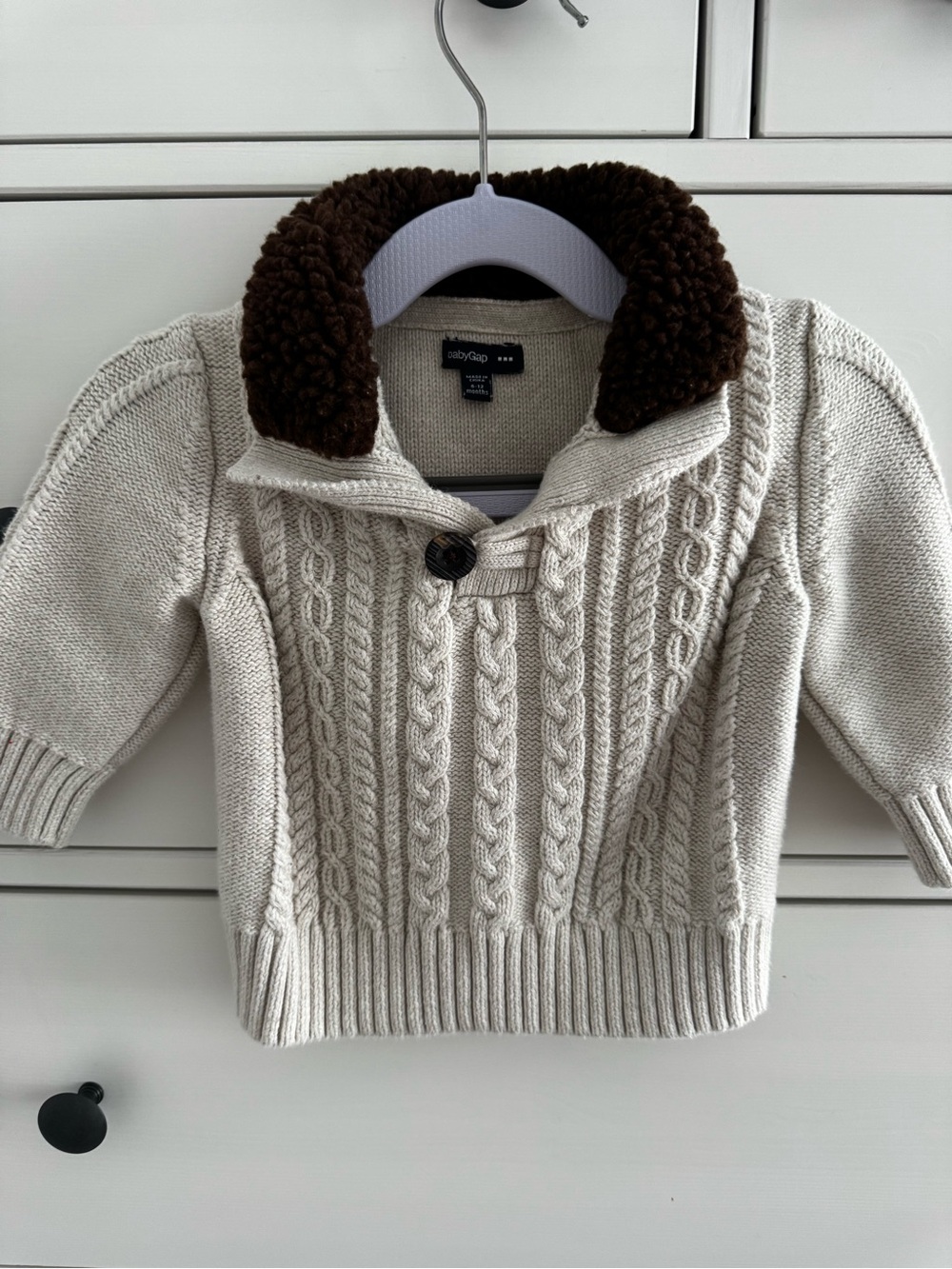 Baby GAP Cream Cable Knit Sweater with Brown Sherpa Collar - 6-12M